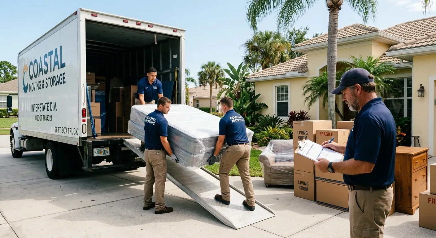 Professional interstate moving crew loading a truck outside a Florida home