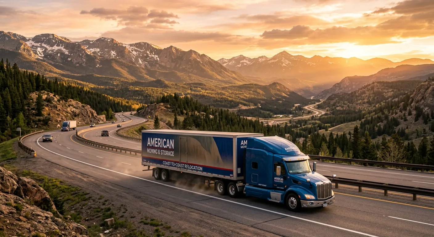 Long-distance moving truck on a scenic American highway at golden hour